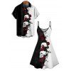 Gothic Couple Outfit Monochrome Rose Skulls Pattern Spaghetti Strap Tank Dress and Button Up Shirt Holiday Matching Outfit - Noir S | US 4
