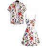 Vacation Couple Outfit Allover Marine Life Shell Octopus Starfish Pattern Ruched Bust Belt Dress and Button Up Shirt Beach Matching Outfit - Rouge S | US 4