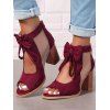 Solid Color Open Toe Bowknot Decor Chunky Heels Zipper See Thru Trendy Sandals - Rouge foncé EU 43