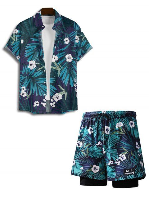 Tenue de vacances pour homme, motif floral tropical, chemise à manches courtes boutonnée et retroussable, short à cordon de serrage double épaisseur, tenue de plage