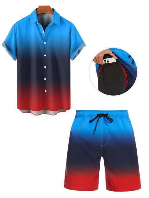 Tenue décontractée pour homme, chemise à manches courtes boutonnée et retroussable de couleur contrastée et short à poche intérieure avec cordon de serrage, tenue de plage