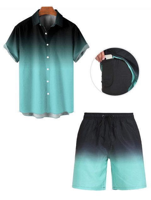 Tenue de vacances pour homme, chemise à manches courtes boutonnée et retroussable, poches intérieures, short à cordon, tenue de plage