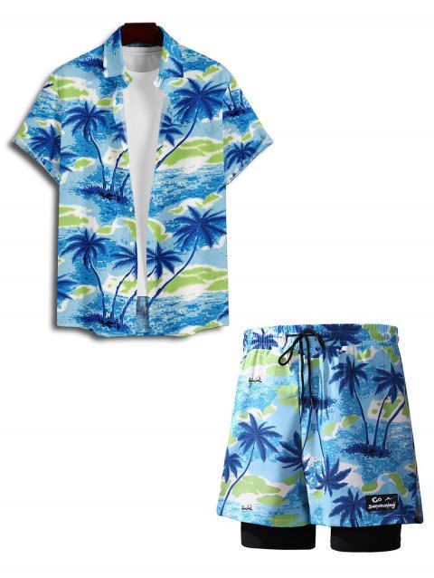 Tenue de vacances pour homme, motif cocotier, océan, chemise boutonnée à manches courtes et short à cordon de serrage double épaisseur, tenue de plage