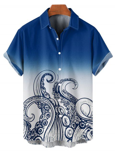 Chemise de vacances à motif poulpe ombré pour homme, boutonnée, retroussée, manches courtes, pour la plage