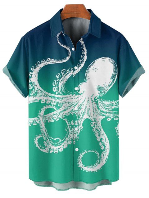 Chemise de vacances à imprimé pieuvre pour homme, décontractée, boutonnée, à manches courtes et retroussable