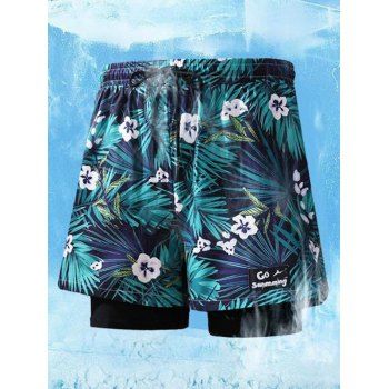 Vacation Men's Outfit Floral Tropical Leaf Pattern Button Up Roll Up Short Sleeve Shirt and Double-layered Drawstrings Shorts Beach Outfit