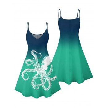 Octopus Pattern Marine Life Print Vacation Dress Spaghetti Strap V Neck A Line Mini Beach Tank Dress