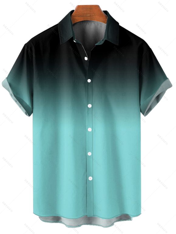 Chemise décontractée ombrée pour homme, boutonnée, retroussée, manches courtes, pour les vacances - Bleu 5XL