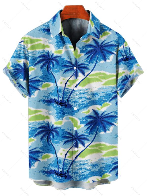 Chemise de plage à manches courtes et boutons pour homme, motif cocotier et océan - Bleu 5XL