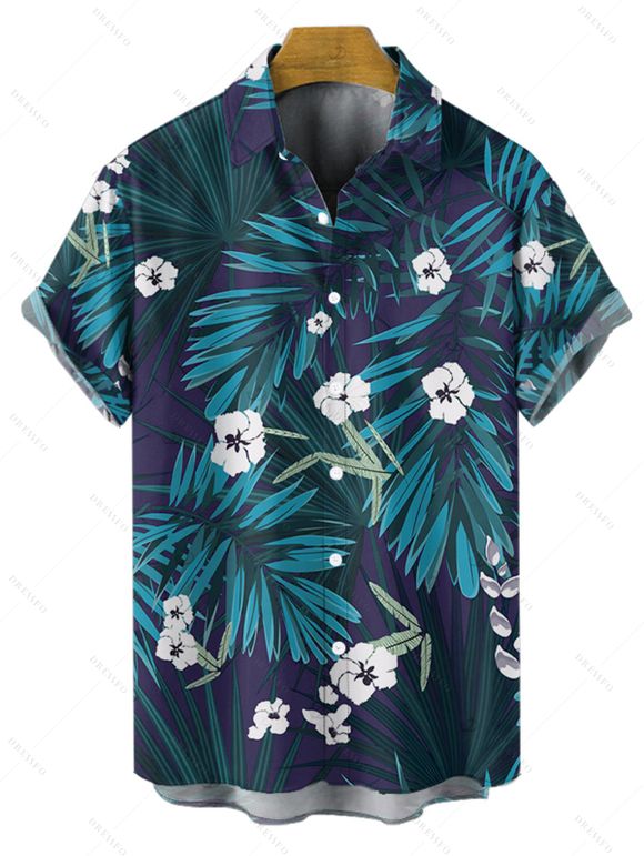 Chemise hawaïenne à manches courtes et boutons pour homme, motif floral et feuilles tropicales - Bleu profond 5XL