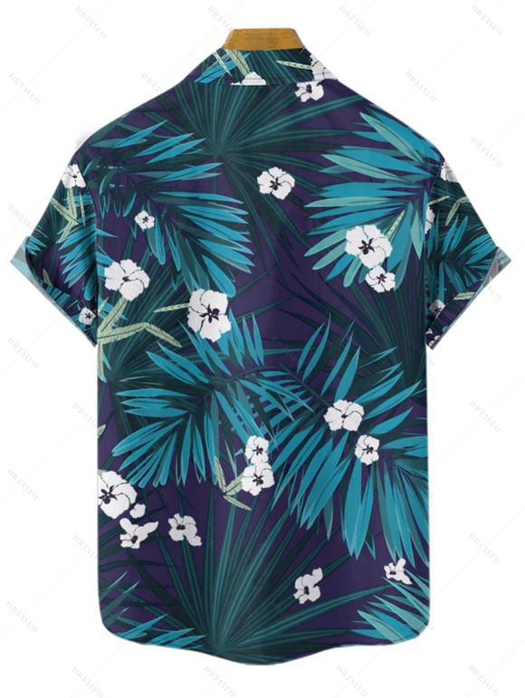 Chemise hawaïenne à manches courtes et boutons pour homme, motif floral et feuilles tropicales - Bleu profond 4XL