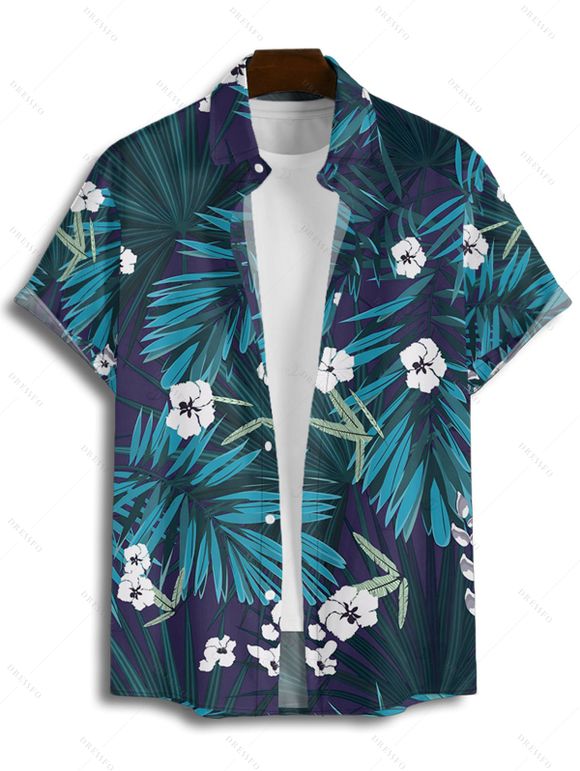 Chemise hawaïenne à manches courtes et boutons pour homme, motif floral et feuilles tropicales - Bleu profond 4XL