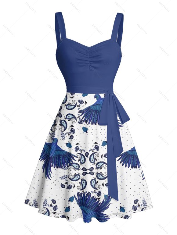 Robe de vacances à motif cachemire Flying Bird, buste froncé, ceinture, décolleté en cœur, coupe trapèze, mini, décontractée - Bleu XXXXXL | US 20