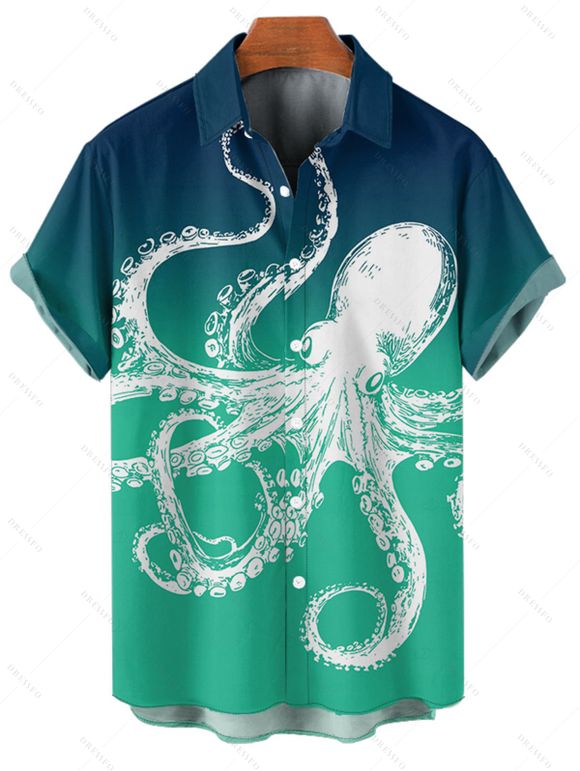Chemise de vacances à imprimé pieuvre pour homme, décontractée, boutonnée, à manches courtes et retroussable - Vert 5XL