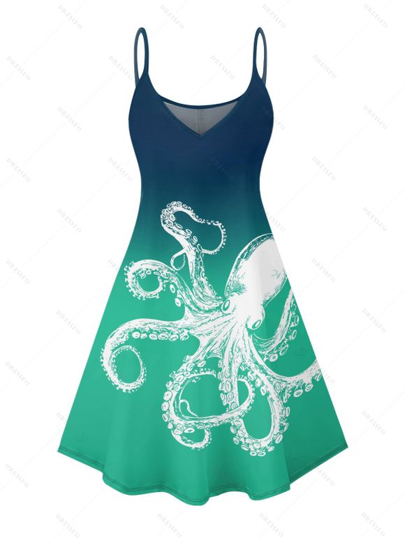Robe de vacances à imprimé vie marine et motif poulpe, bretelles spaghetti, col en V, coupe trapèze, mini-robe de plage - Vert XXXXXL | US 20