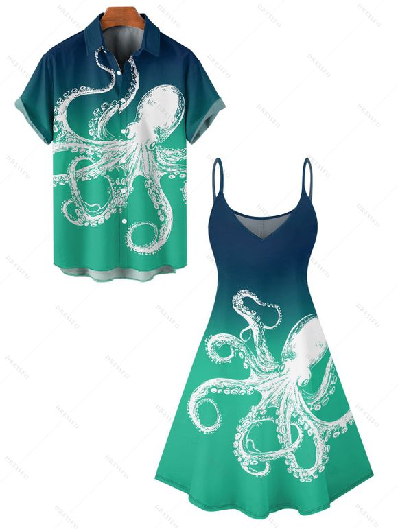 Vacation Couple Outfit Octopus Pattern Marine Life Print Spaghetti Strap Tank Dress and Button Up Shirt Beach Matching Outfit - Vert S | US 4