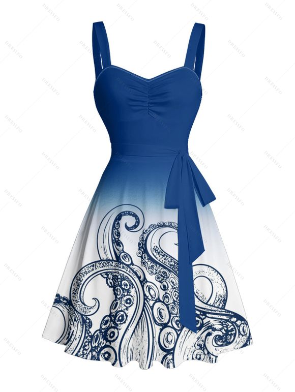 Robe de plage courte à col en cœur et ceinture froncée à motif pieuvre ombré - Bleu XXXXXL | US 20
