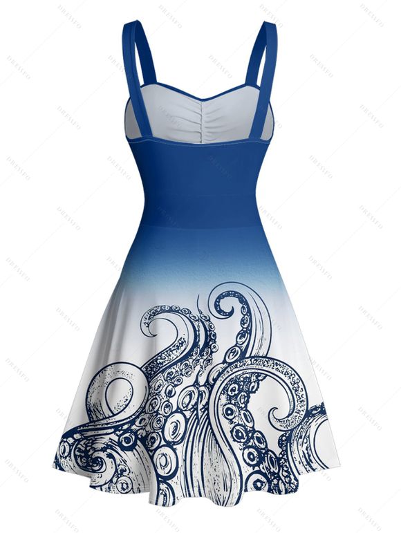 Robe de plage courte à col en cœur et ceinture froncée à motif pieuvre ombré - Bleu M | US 6