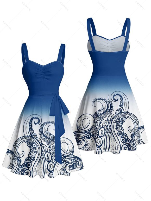 Robe de plage courte à col en cœur et ceinture froncée à motif pieuvre ombré - Bleu M | US 6