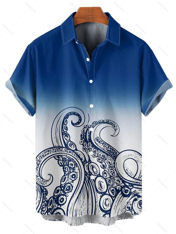 Chemise de vacances à motif poulpe ombré pour homme, boutonnée, retroussée, manches courtes, pour la plage - Bleu 5XL