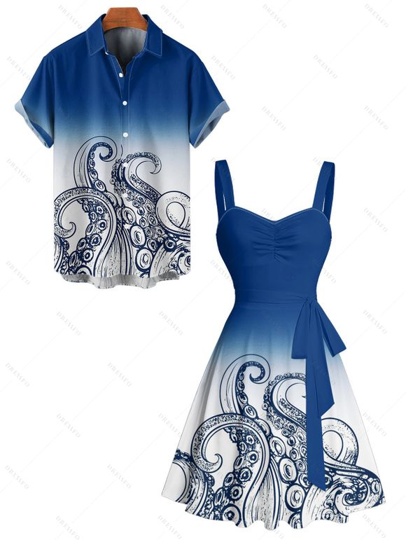 Vacation Couple Outfit Ombre Octopus Pattern Ruched Bust Belt Sweetheart Neck Dress and Button Up Shirt Beach Matching Outfit - Bleu S | US 4