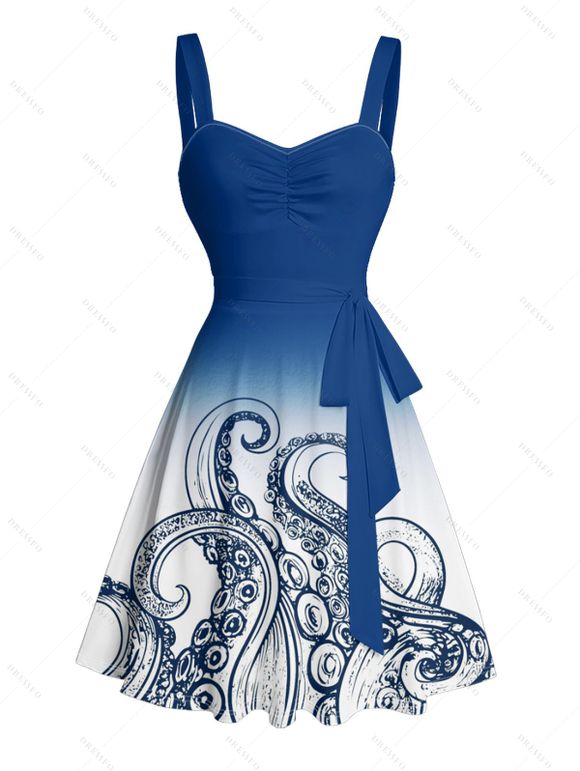 Vacation Couple Outfit Ombre Octopus Pattern Ruched Bust Belt Sweetheart Neck Dress and Button Up Shirt Beach Matching Outfit - Bleu S | US 4