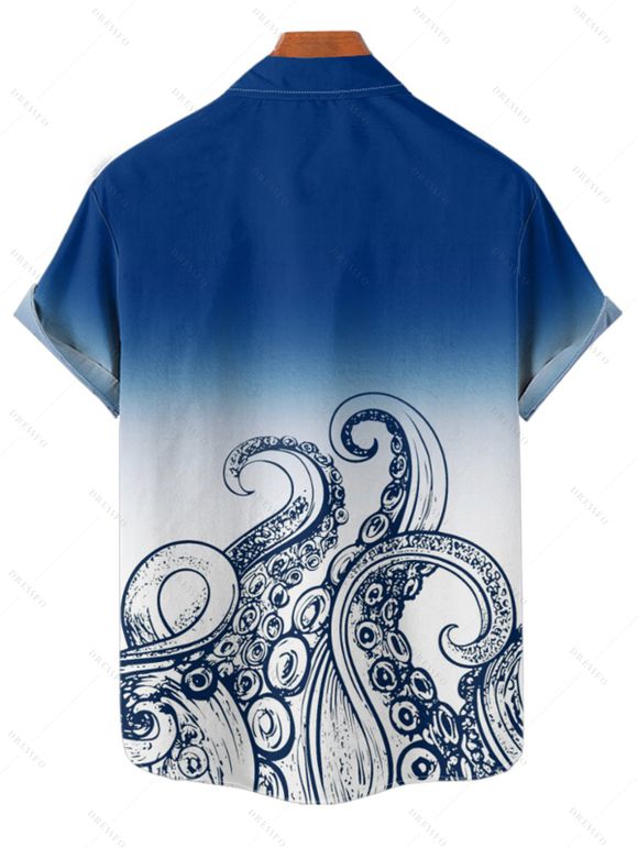 Vacation Couple Outfit Ombre Octopus Pattern Ruched Bust Belt Sweetheart Neck Dress and Button Up Shirt Beach Matching Outfit - Bleu S | US 4