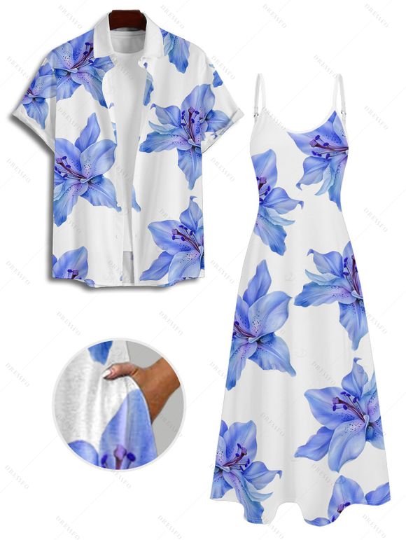 Vacation Couple Outfit Lily Floral Pattern Pocket Spaghetti Strap A Line Long Dress and Button Up Shirt Casual Matching Outfit - Bleu Ciel S | US 4