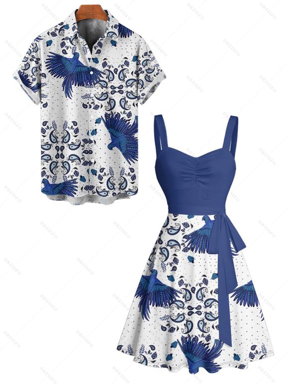 Vacation Couple Outfit Flying Bird Paisley Pattern Ruched Bust Belt Sweetheart Neck Dress and Button Up Shirt Casual Matching Outfit - Bleu S | US 4