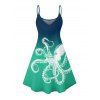 Robe de vacances à imprimé vie marine et motif poulpe, bretelles spaghetti, col en V, coupe trapèze, mini-robe de plage - Vert XXXXXL | US 20