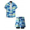 Tenue de vacances pour homme, motif cocotier, océan, chemise boutonnée à manches courtes et short à cordon de serrage double épaisseur, tenue de plage - Bleu S | US 4