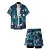 Vacation Men's Outfit Floral Tropical Leaf Pattern Button Up Roll Up Short Sleeve Shirt and Double-layered Drawstrings Shorts Beach Outfit - DEEP BLUE S | US 4