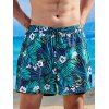 Vacation Men's Outfit Floral Tropical Leaf Pattern Button Up Roll Up Short Sleeve Shirt and Double-layered Drawstrings Shorts Beach Outfit - DEEP BLUE S | US 4