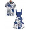 Vacation Couple Outfit Flying Bird Paisley Pattern Ruched Bust Belt Sweetheart Neck Dress and Button Up Shirt Casual Matching Outfit - Bleu S | US 4