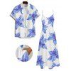 Vacation Couple Outfit Lily Floral Pattern Pocket Spaghetti Strap A Line Long Dress and Button Up Shirt Casual Matching Outfit - Bleu Ciel S | US 4