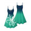 Vacation Couple Outfit Octopus Pattern Marine Life Print Spaghetti Strap Tank Dress and Button Up Shirt Beach Matching Outfit - Vert S | US 4