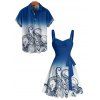 Vacation Couple Outfit Ombre Octopus Pattern Ruched Bust Belt Sweetheart Neck Dress and Button Up Shirt Beach Matching Outfit - Bleu S | US 4