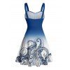 Vacation Couple Outfit Ombre Octopus Pattern Ruched Bust Belt Sweetheart Neck Dress and Button Up Shirt Beach Matching Outfit - Bleu S | US 4