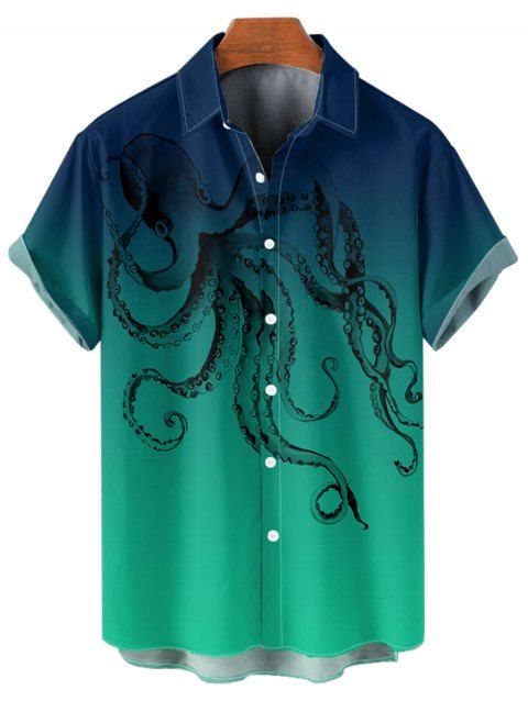 Chemise à manches retroussables et imprimé poulpe pour homme, chemise décontractée boutonnée à manches courtes