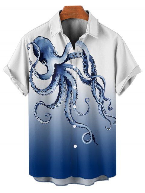 Chemise à manches retroussables et imprimé poulpe pour homme, chemise décontractée boutonnée à manches courtes