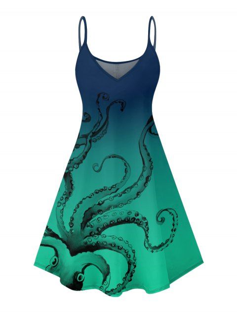 Robe d'été à bretelles spaghetti, taille haute, col en V, imprimé poulpe, sans manches, coupe trapèze