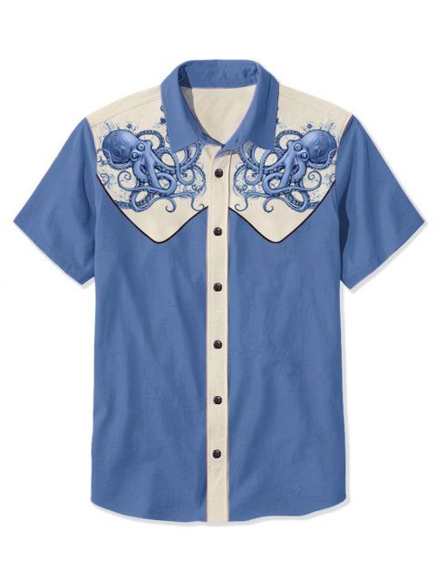 Chemise de vacances à motif pieuvre pour homme, couleur contrastée, boutonnée, col rabattu, décontractée