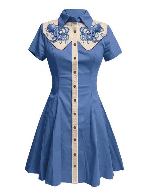 Robe de vacances à motif pieuvre, couleur contrastée, col rabattu, manches courtes, robe de plage trapèze