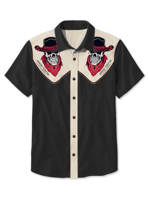 Chemise gothique à col rabattu et boutons pour homme, motif squelette avec chapeau de cowboy, couleur contrastée, 100 % coton, idéale pour les vacances