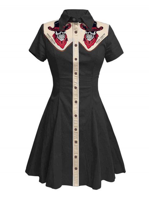 Robe gothique à col rabattu et manches courtes, style squelette avec chapeau de cowboy, couleur contrastée, 100 % coton, coupe trapèze