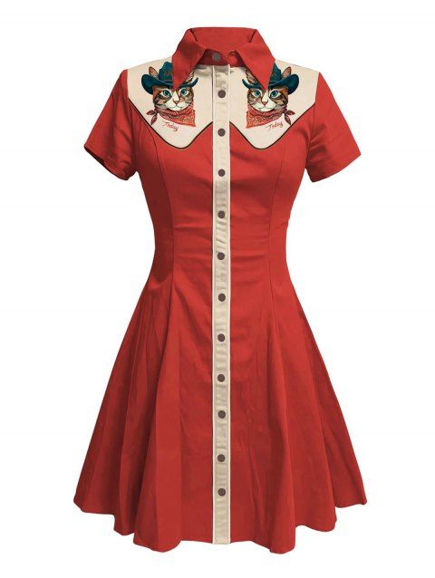 Robe de vacances à motif chat avec chapeau, couleur contrastée, 100 % coton, col rabattu, manches courtes, coupe trapèze