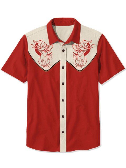 Chemise homme à motif chat avec chapeau, couleur contrastée, 100 % coton, col rabattu, boutonnée, décontractée
