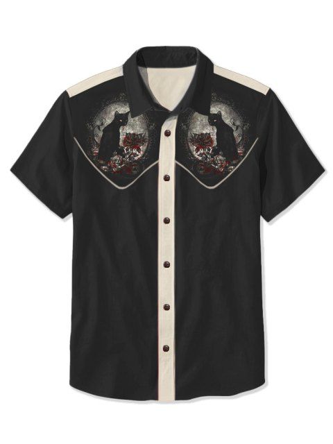 Chemise de vacances pour homme, motif chat avec chapeau, couleur contrastée, 100 % coton, col rabattu, boutonnée, décontractée