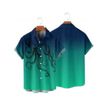 Men's Octopus Print Roll Up Sleeve Shirt Button Up Short Sleeve Casual Shirt