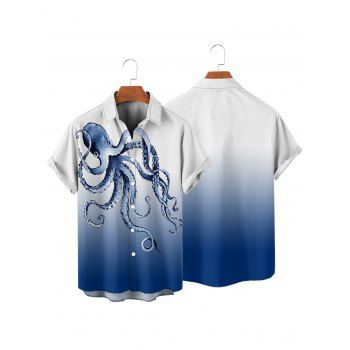 Men's Octopus Print Roll Up Sleeve Shirt Button Up Short Sleeve Casual Shirt